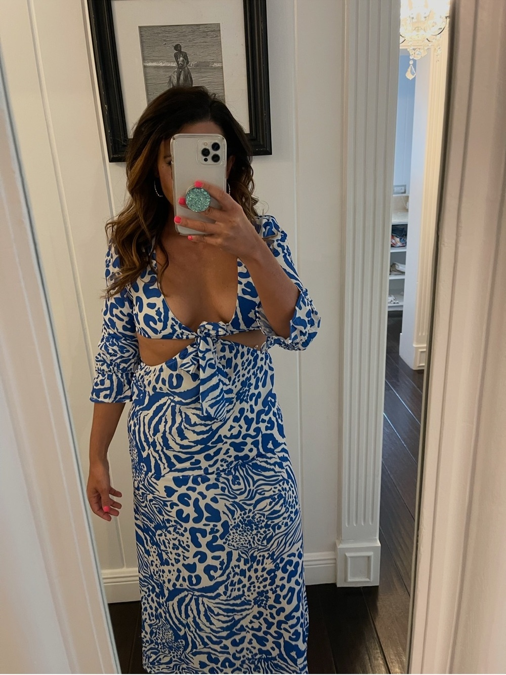 Vici Blue and White Animal Print Tie-Front Maxi Dress size M resort wear